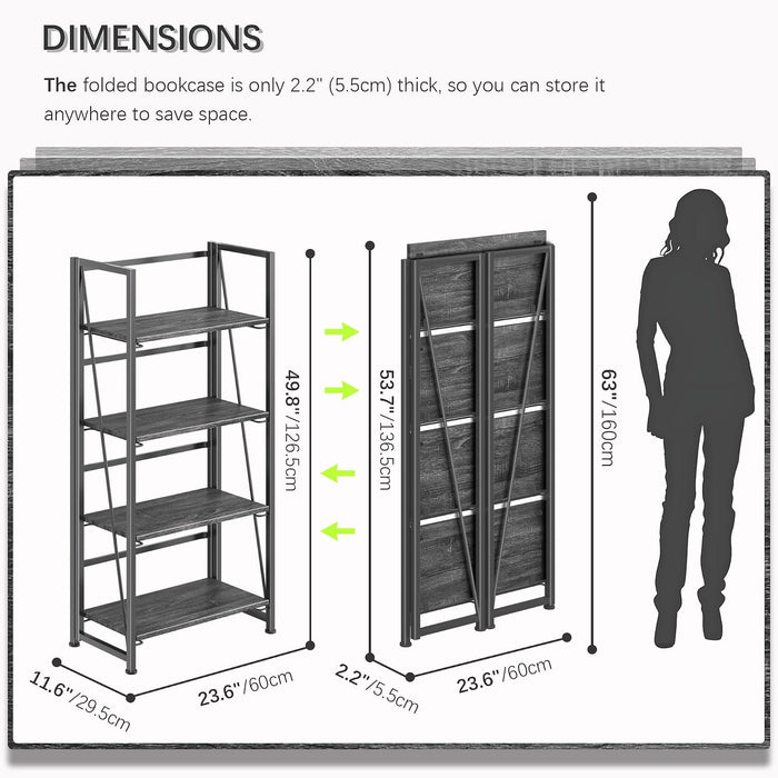 No Assembly Folding Bookshelf Storage Shelves 4 Tier Vintage Bookcase Standing Racks for Bedroom Living Room Home Office