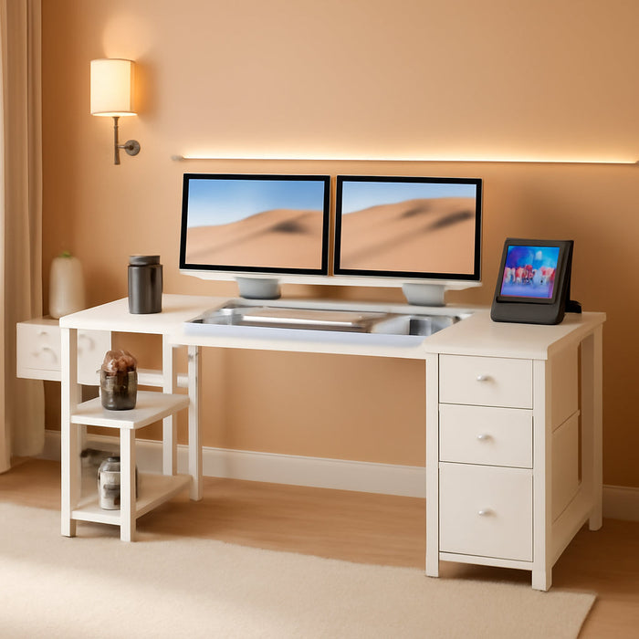 White Computer Desk with Fabric Drawers & Storage Shelves, 55 Inch Study Work Writing Desk for Home Office Bedroom, Simple Modern Cute PC Desks Table, White