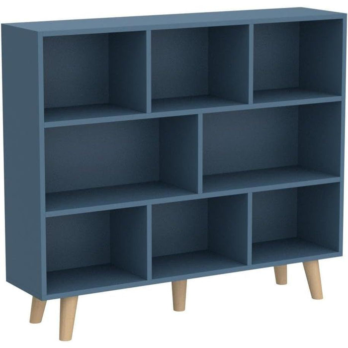Wooden Open Shelf Bookcase - 3-Tier Floorstanding Display Cabinet Rack with Legs, 8 Cubes Free Standing Bookshelf, Bright Blue