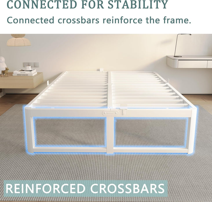 Queen Bed Frame, 16 in Reinforced Heavy Duty Metal Platform Bed, White
