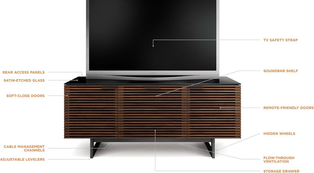 Corridor 8177-65'' TV Stand for Tvs up to 70" with Soundbar Shelf, Storage Drawer, Cable Management, Remote-Friendly Louver Doors, Satin-Etched Glass Top, Chocolate Stained Walnut