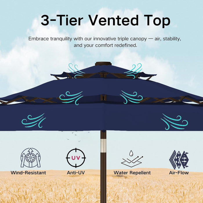 9Ft 3-Tier Patio Umbrella with Solar Lights, Table Umbrella Outdoor Patio with Easy Crank & Tilt, 8 Sturdy Ribs, UV Protection, 32 LED Lights for Deck, Poolside, Market (Navy Blue)