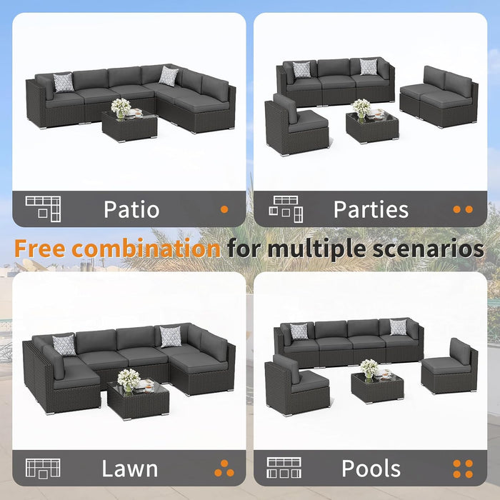 8-Piece Outdoor Patio Furniture Sofa Set with 45” Propane Gas Fire Pit Table, Black Rattan Wicker Sectional Conversation Sets with Glass Top Table and Cushions(Grey, W/Fire Pit Table)