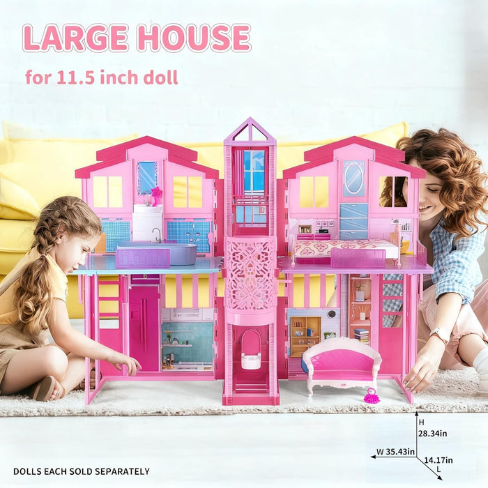 Dreamy Doll House, Dollhouse Playhouse with Large Rooms & Big Furnitures, Including Elevator, Foldable Dolls House Toys Gifts for Girls Kids Ages 3+