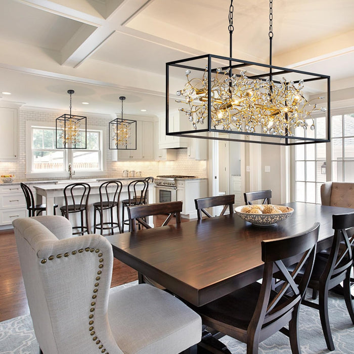 Black and Gold Chandelier, 4-Light Entryway Crystal Chandeliers Foyer Modern Farmhouse Hanging Cage Pendant Light Fixture for Dining Room Kitchen Island Entrance Staircases Hallway, H21 Inch