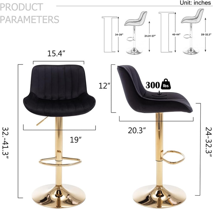 Velvet Bar Stools Set of 4 - Swivel Counter Height Barstools with Back & Adjustable Height, Modern Gold Kitchen Island Stools for Bar, Armless Pub Stools, Soft Black Upholstered Seating