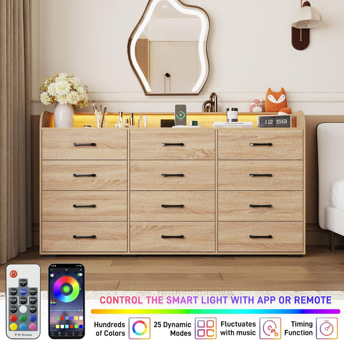 12 Drawers Dresser for Bedroom, 63" Wood Dresser with Power Outlet, LED Lights and Deep Drawers, Wide Chest of Drawers, Modern Minimalist Closet Dressers for Kids Bedroom, Living Room, Nursery, Oak