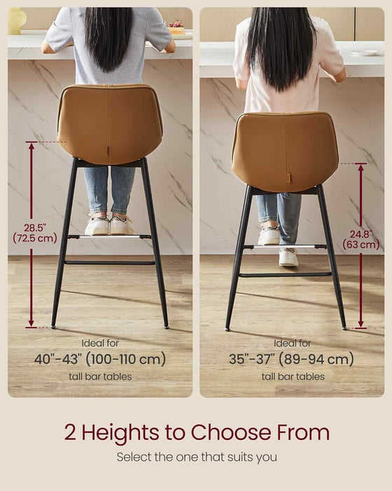 VASAGLE Bar Stools Set of 2, Counter Height Bar Stools with Back, Ergonomic Backrest, Synthetic Leather, Metal Legs, 24.8-Inch Tall Barstools for Kitchen Island Home Bar, Easy Assembly, Caramel Brown