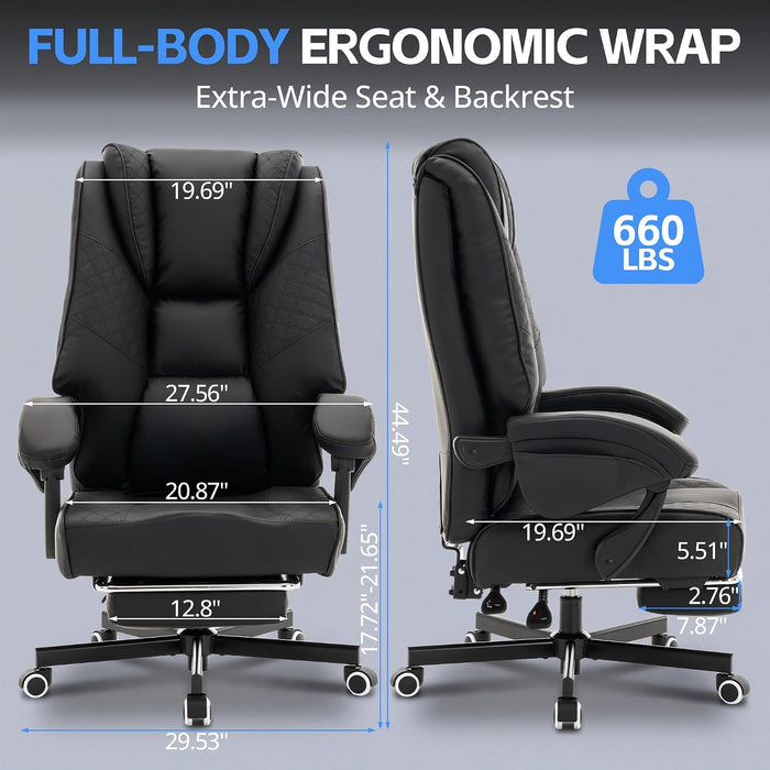 Ergonomic Gaming Office Chair for Adults, Big and Tall Heavy Duty Computer Desk Chair, High Back Video Game Chair with Footrest, Comfortable Leather Home Wide Gamer Chair with Lumbar Support (Black)