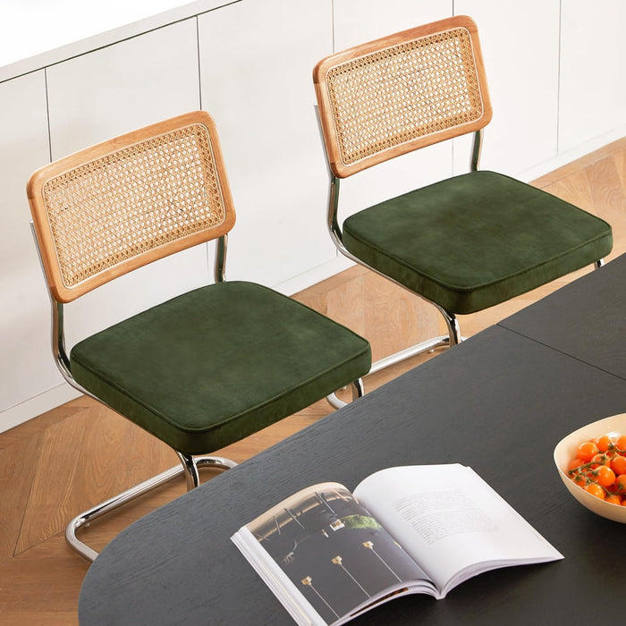 Green Rattan Dining Chairs Set of 4, Wooden Mid Century Modern Kitchen Chairs, Mesh Back Cane Dining Room Chair, Cesca Design Chairs with Metal Chrome Legs