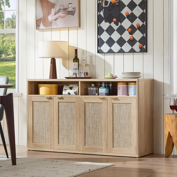 Rattan Sideboard Buffet Cabinet,55" Coffee Bar Cabinet with 4 Doors & Open Storage Shelf,Modern Credenza Console Table for Living Room Rattan Farmhouse Entryway Natural
