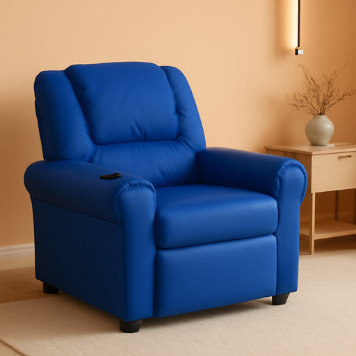 Vana Vinyl Kids Recliner with Cup Holder, Headrest, and Safety Recline, Contemporary Reclining Chair for Kids, Supports up to 90 Lbs., Blue