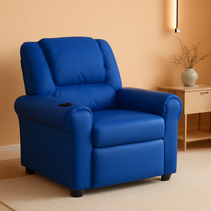 Vana Vinyl Kids Recliner with Cup Holder, Headrest, and Safety Recline, Contemporary Reclining Chair for Kids, Supports up to 90 Lbs., Blue