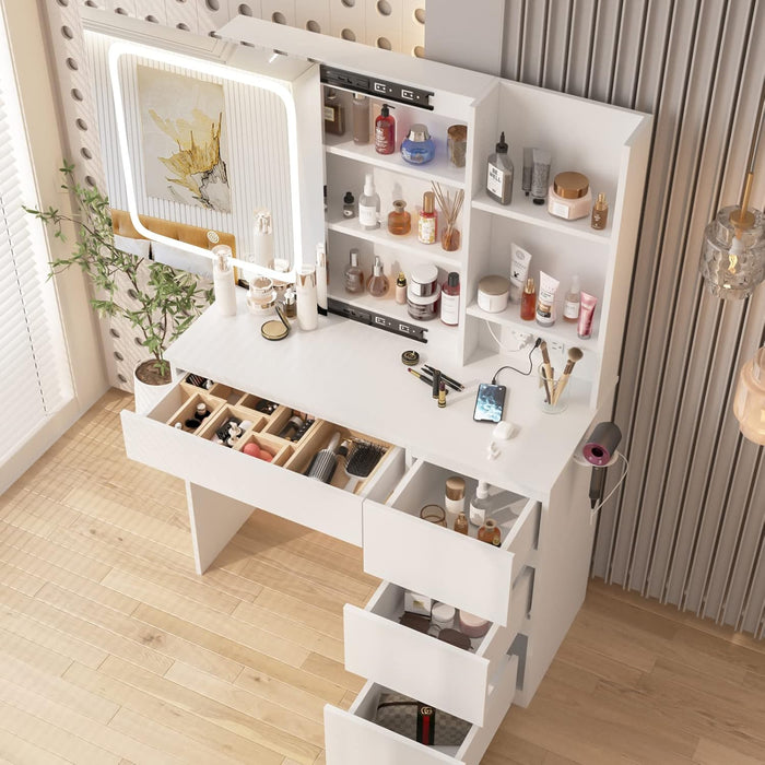 Make up Vanity Desk with Charging Station, Vanity Set with Mirror and Stool and Lights,Dressing Table with 4 Drawers & Storage Shelves,37Inch, White