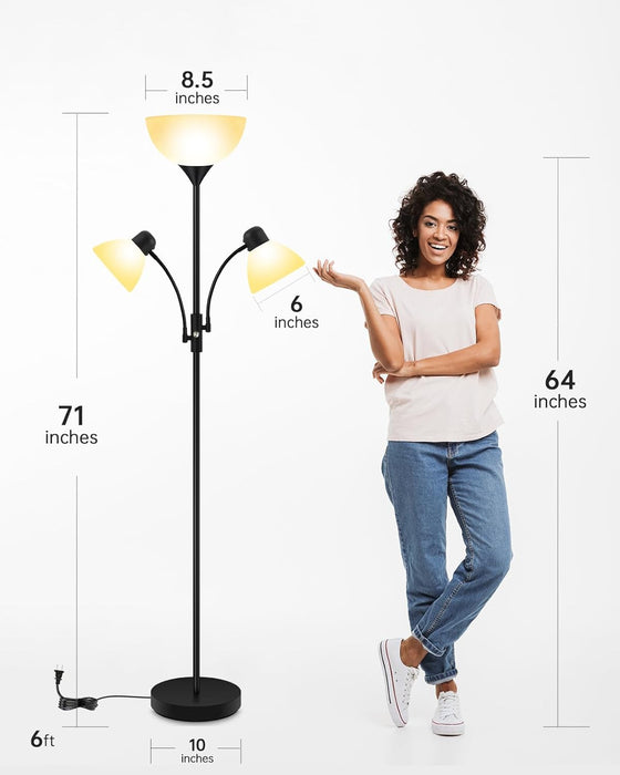 Floor Lamp Black, Standing Lamp, 71" Tall Lamps for Living Room, 3 Way Switch, Plastic Lampshade, Torchiere Floor Lamp with Reading Lamps, Modern Pole Lamps for Bedroom Kids Room E26 Base(No Bulb)