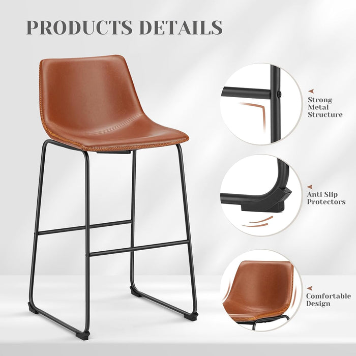 Bar Stools Set of 2, Faux Leather Barstools with Metal Legs | Counter Height 30 Inch Design, Armless with Back, Comfortable, Modern Finish, Kitchen Island, Brown