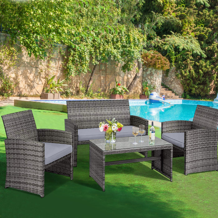 4 Pieces Patio Rattan Furniture Set with Glass Table and Loveseat