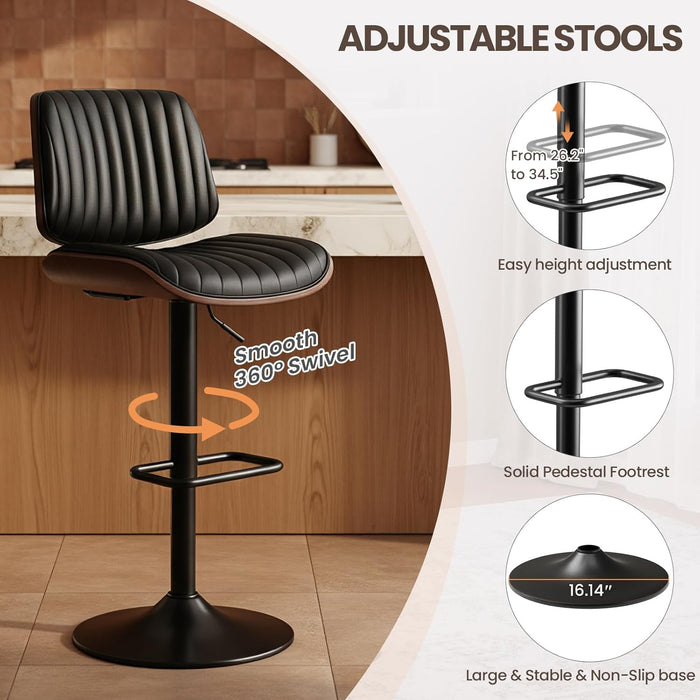 Bar Stools Set of 1, Adjustable Counter Height Bar Chairs 26"-34.5" with Swivel & Footrest, Modern Faux Leather Barstools for Kitchen Island, Dining Room,Pub,Black