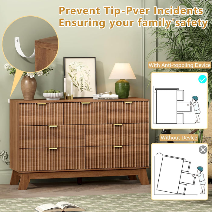 7 Drawer Fluted Dresser for Bedroom, Mid Century Modern Wooden Dresser with 7 Drawers, Dressers & Chests of Drawers with Metal Handle, TV Stand & Storage Organizer for Entryway, Hallway, Walnut