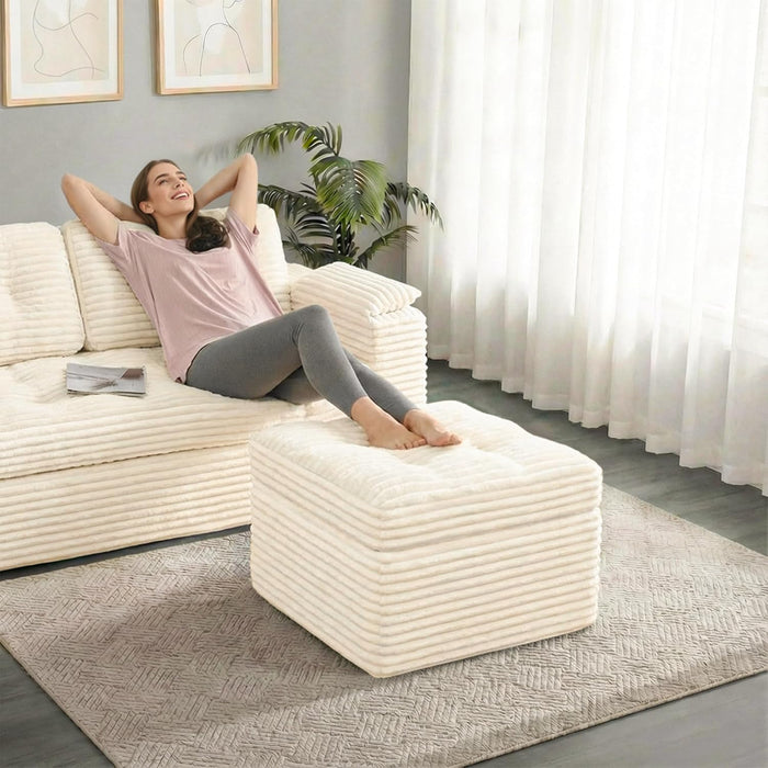 23.6In Pouf Ottoman, Corduroy Ottoman Foot Rest with Dual‑Layer Support, Large Poofy Pouf with Soft Chunk‑Foam Top & Firm Foam Base, Floor Foot Stool for Living Room, Beige