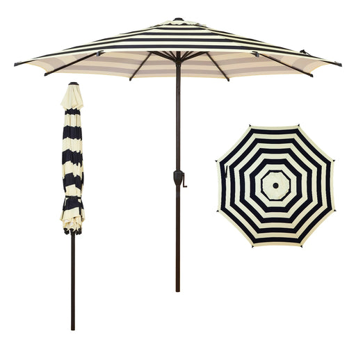 9Ft Outdoor Patio Umbrella, Push Button Tilt and Crank, 8 Ribs, Black & Cream Stripe