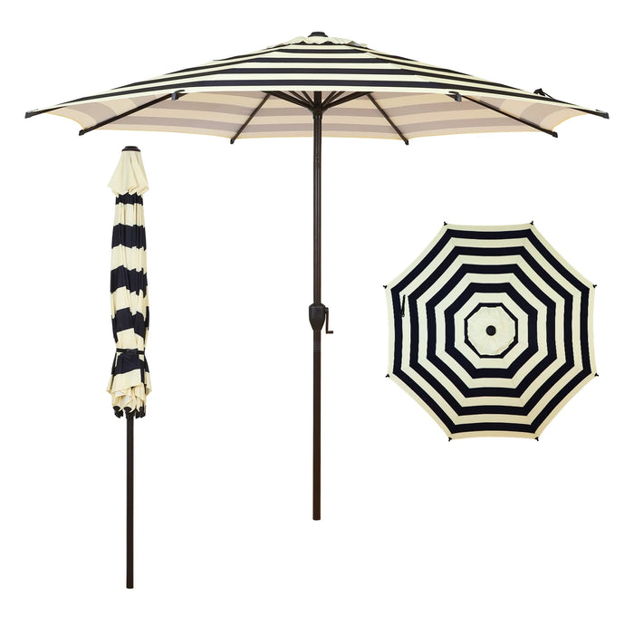 9Ft Outdoor Patio Umbrella, Push Button Tilt and Crank, 8 Ribs, Black & Cream Stripe