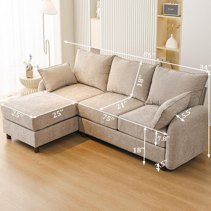 EightySixInchLength L Shaped Elegant Sectional Sofa Khaki