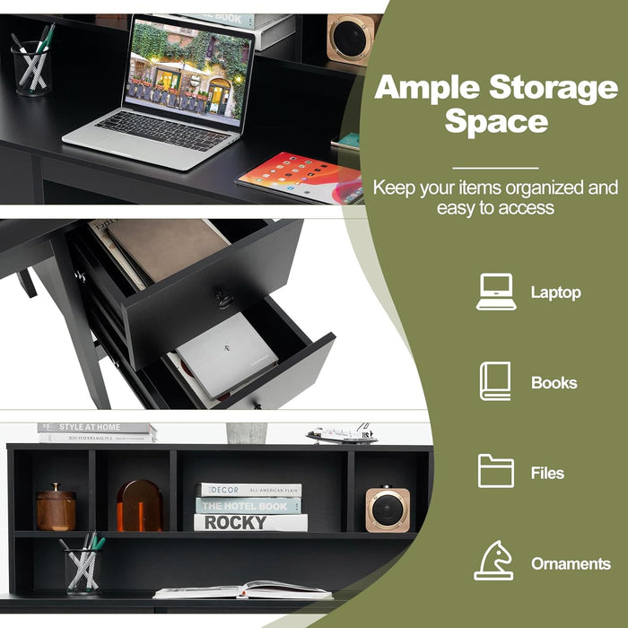 Black Desk with Drawers & Hutch, Home Office Desk with Charging Station, 5 Storage Cubbies, Makeup Vanity Table, Modern Study Writing Desk, PC Laptop Desks, Computer Workstation for Bedroom