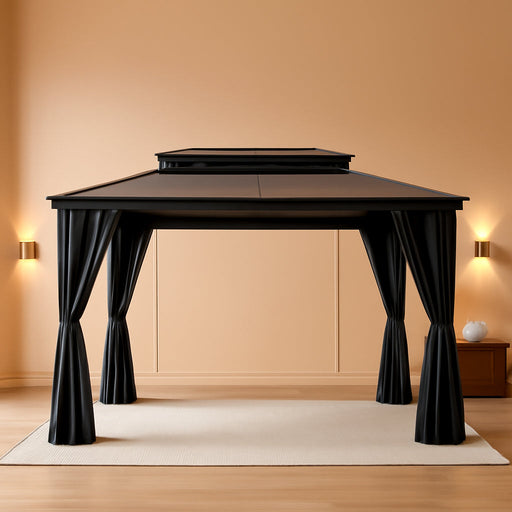 12X20Ft Gazebo Polycarbonate Hardtop Double Roof Canopy Outdoor with Netting and Shaded Curtains, Metal Frame Garden Tent for Patio, Backyard, Deck and Lawns, Grey