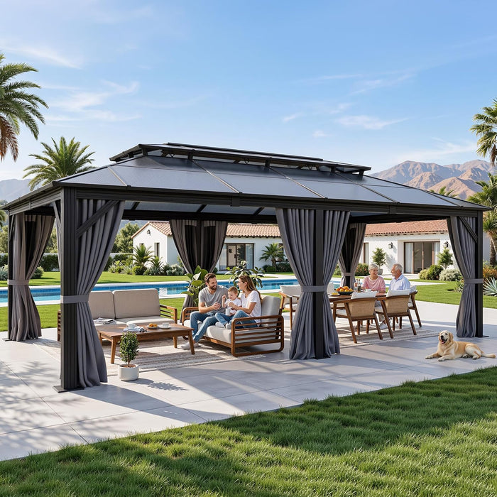 12X20Ft Gazebo Polycarbonate Hardtop Double Roof Canopy Outdoor with Netting and Shaded Curtains, Metal Frame Garden Tent for Patio, Backyard, Deck and Lawns, Grey