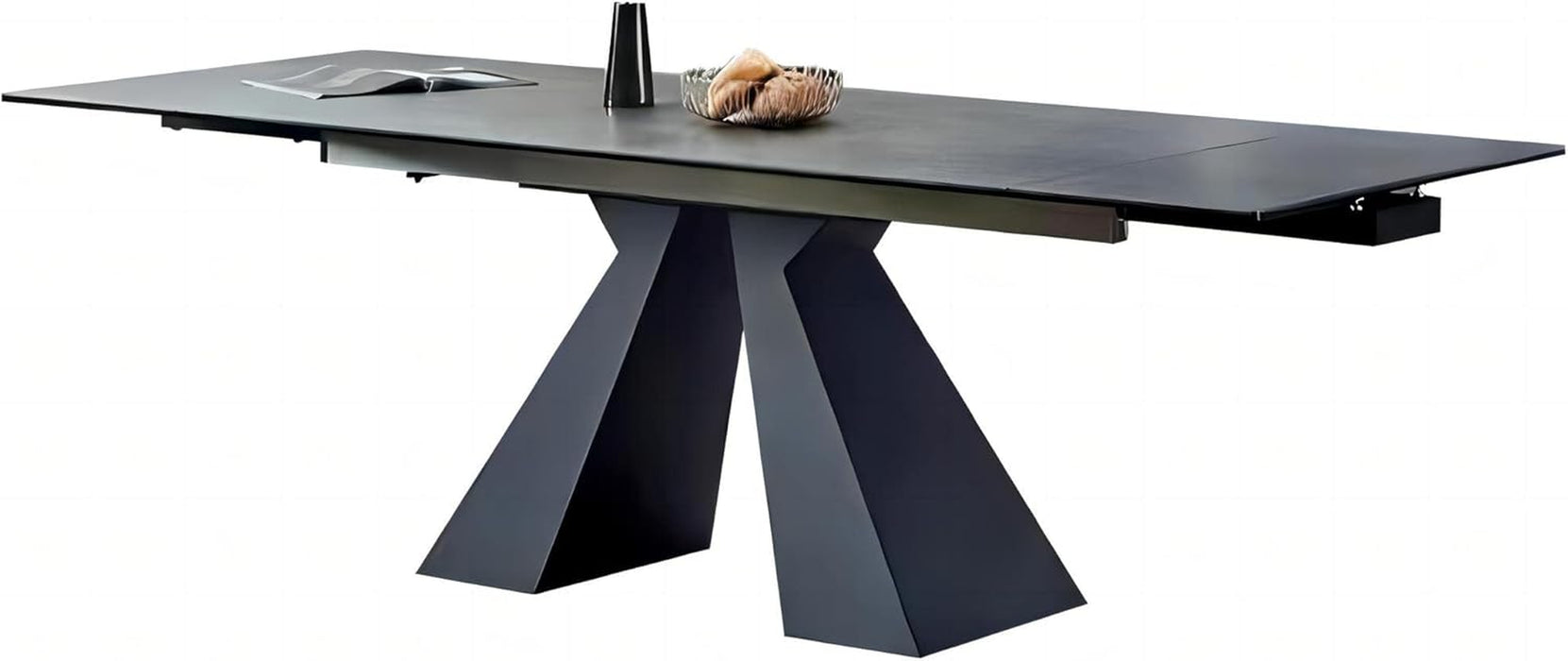Extendable Dining Table for 8-12 Seat, Flexible Stretch, Tabletop Made from Rock Plate and Tempered Glass, Solid Carbon Steel Base, 35.4" D X 94.5" W X 30" H, Dark Grey