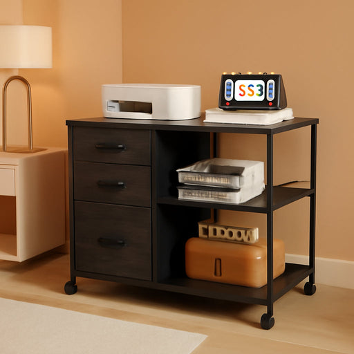 3 Drawer Mobile File Cabinet, Rolling Printer Stand with Open Storage Shelf, Fabric Lateral Filing Cabinet Fits A4 or Letter Size for Home Office, Charcoal Black Wood Grain Print
