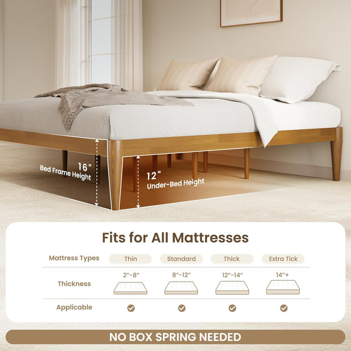 Twin Platform Bed Frame - 16" Wood Mattress Foundation Base, Teak