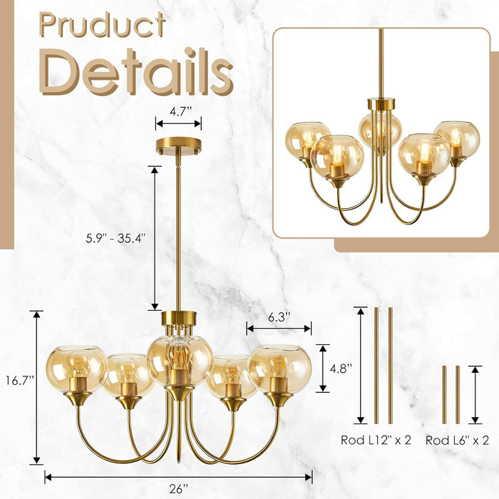 Translucent Amber Glass Five Light Globular Chandelier