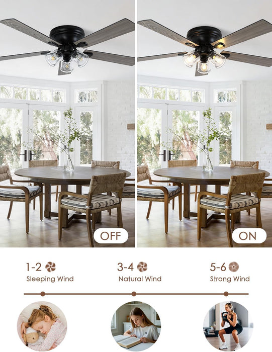 52 Inch Vintage Ceiling Fan with Light and Remote Control | Flush Mount Chandelier Fandelier Rustic with 6 Speeds 5 Reversible Blades for Bedroom Kitchen Dining Room