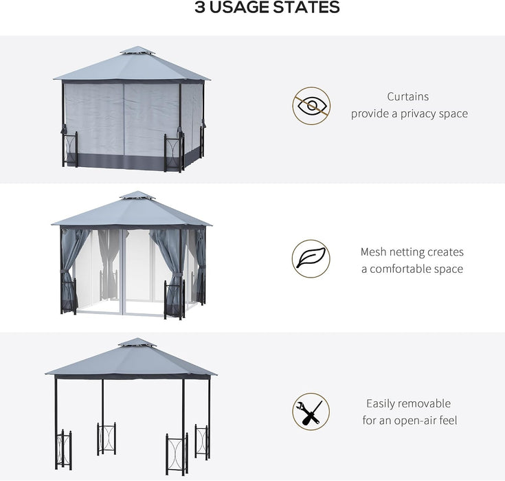 11' X 13' Patio Gazebo, Double Roof Outdoor Gazebo Canopy Shelter with Netting & Curtains, Steel Corner Columns for Garden, Lawn, Backyard and Deck, Gray