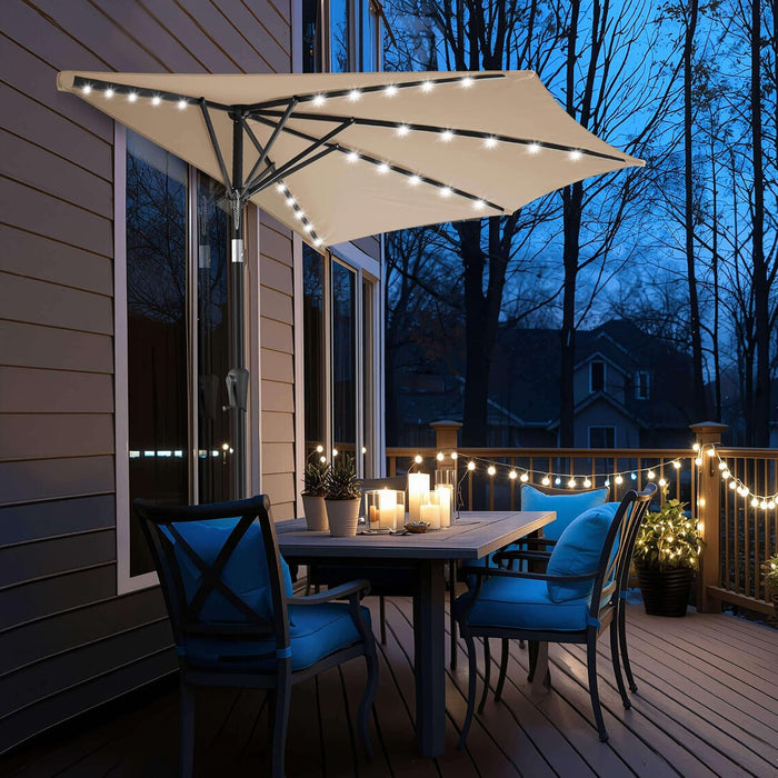 9 Ft Half Patio Umbrella Solar with Push Button Tilt, Beige