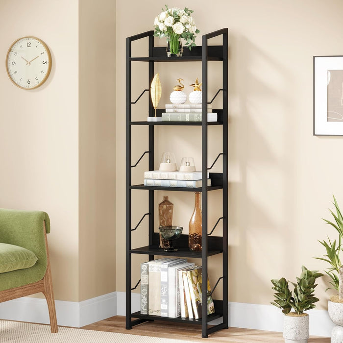 5 Tier Narrow Bookshelf: Tall Bookcase Shelf with Edge Protection, Industrial Modern Bookshelves for Bedroom Living Room Home Office (Black)