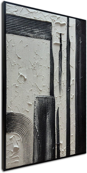 Hand Painted Black and White Textured Wall Art Black Framed Abstract Oil Paintings on Canvas Large Texture Minimalism Artwork for Home Decorations