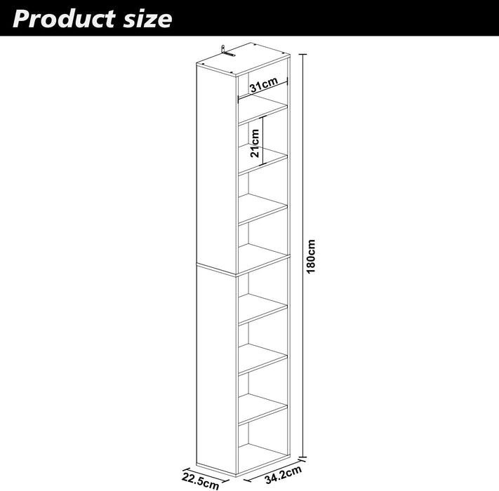 8 Tier Storage Shelf Bookcase, Slim Organizer Shelves Cabinet Tall Narrow Media Tower Rack Display Bookshelf for Home Office (Black)