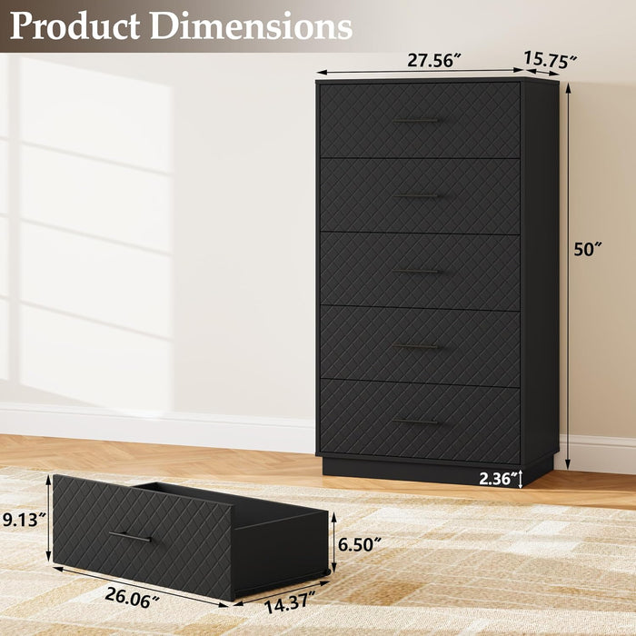Tall Dresser with 5 Drawers, Modern Wooden Chest of Drawers with Diamond Panel, Anti-Tipping Device, Sturdy and Stable Storage Organizer for Bedroom, Hallway, Living Room