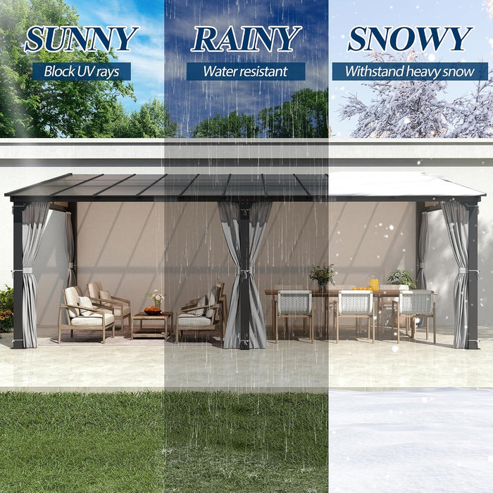 12' X 20' Outdoor Polycarbonate Lean to Gazebo - Wall-Mounted Aluminum Frame Gazebo with Slope Hardtop, Patio Heavy-Duty Lean to Pergola with Netting & Curtains for Garden, Backyard, Deck