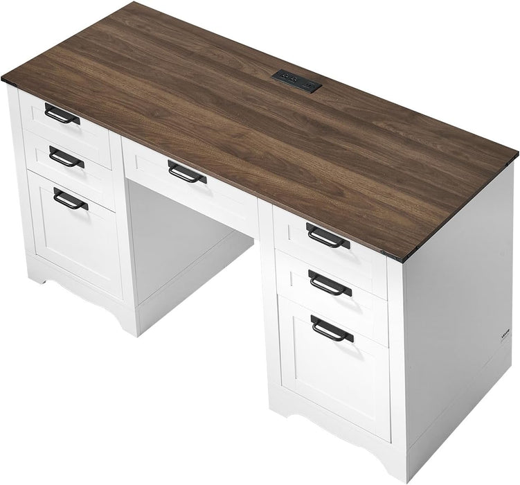 60" Executive Desk with Drawers, Farmhouse Home Office Desk with Charge Station, Keyboard Tray, File Storage Cabinet, 200 LBS Load Capacity Wood Table, Easy Assembly, for Work Study, Walnut