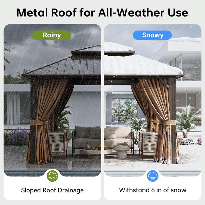 12X12Ft Hardtop Gazebo, Metal Frame with Double Galvanized Steel Roof, Permanent Outdoor Pergola with Curtains and Netting Included for Backyard, Patio, Lawn and Garden, Brown