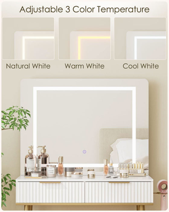 Makeup Vanity Desk with Lights and Mirror, Small Makeup Vanity Table with 2 Drawers, Dressing Table with 3 Adjustable Lighting Color, Small Makeup Desk for Bedroom, White with Gold Leg