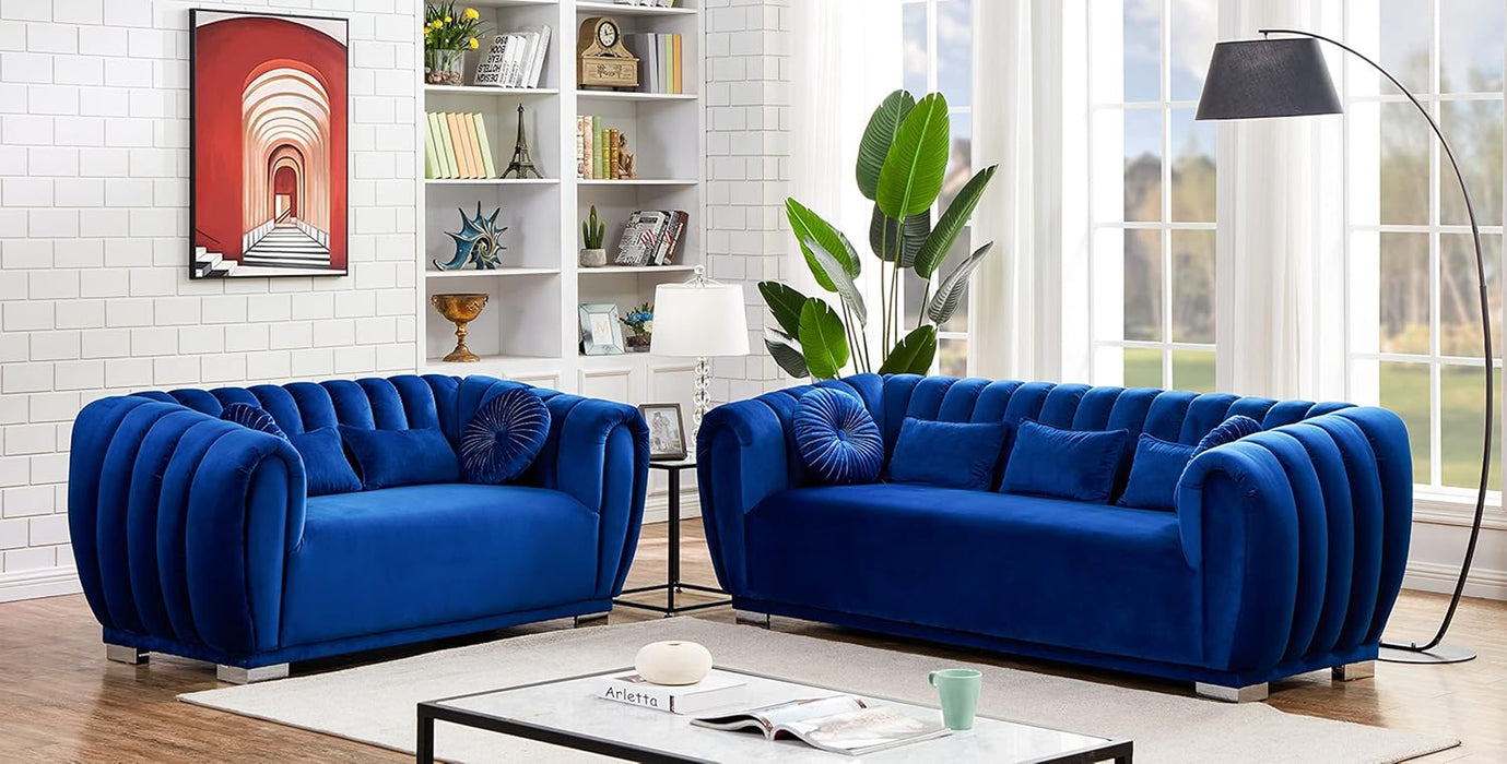 Sectional Sofa 2 Piece Velvet Standard Living Room Set Loveseat, Apartment Size, Blue