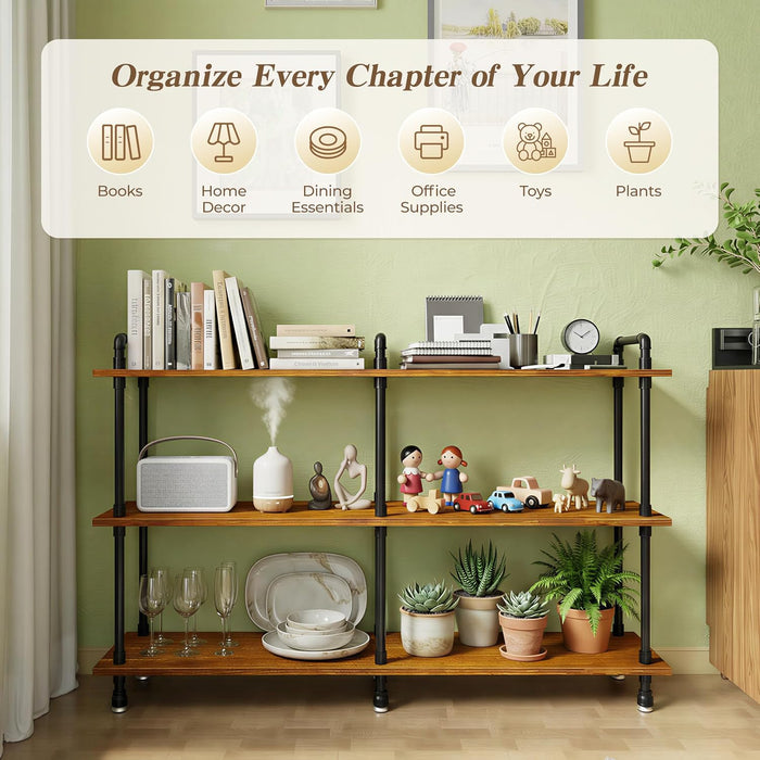 Industrial Bookshelf, Pipe Shelf Bookcase, 3 Tier, 60" Rustic Brown | Solid Pine Shelves, 60 Inch Wide, Black Pipe Frame, 70 Lbs per Shelf, Open Bookcase for Books, Plants, Office