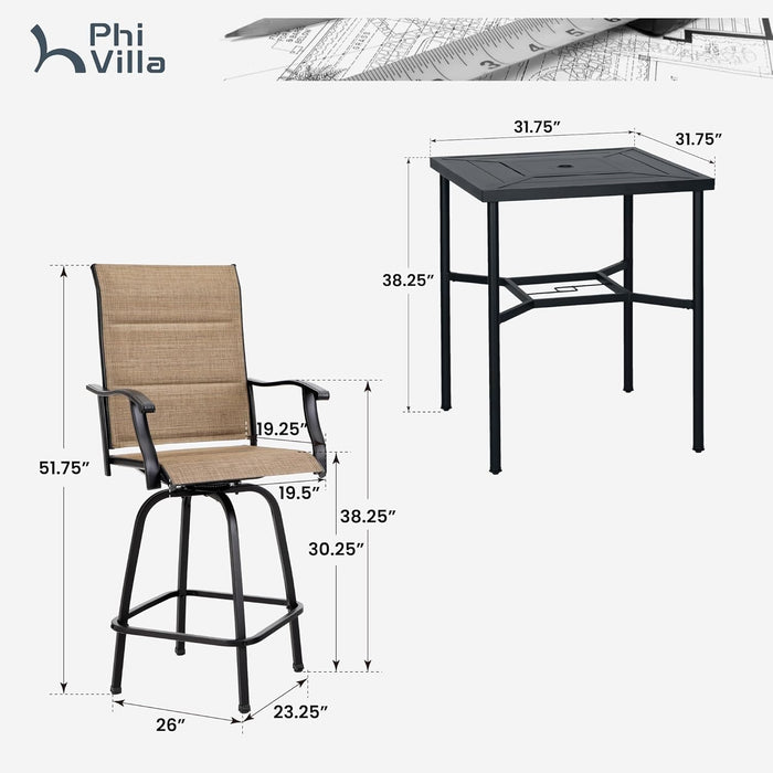 5 Piece Patio Bar Set, High Top Outdoor Table and Chairs for 4 with Swivel Padded Bar Stools outside and Square Metal Bar Bistro Table for Garden, Deck and Poolside