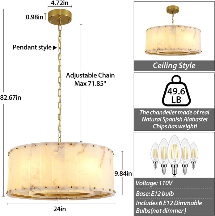 Alabaster Chandeliers,D24In Marble round Alabaster Chandelier,Modern Brass Dining Room Chandelier, Adjustable Gold Chandeliers for Bedroom,Bathroom,Entryway,Foyer,E12 Bulbs Included