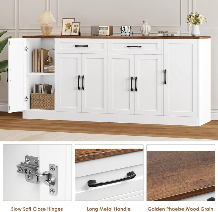 71” Large Buffet Cabinet with Storage, Sideboard Buffet Cabinet with Adjustable Shelves and 6 Soft-Close Doors, Wood Coffee Bar Console Table for Kitchen, Dining Room, White | 6 Soft-Close Doors, Sideboard Wood Coffee Bar Console Table for Kitchen, Dining Room (White)
